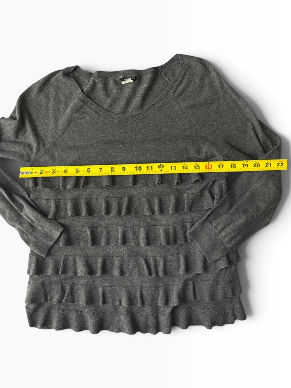 J.Crew Tiered Ruffle Sweater Charcoal Gray Pima Cotton Wool Scoop Neck, S
